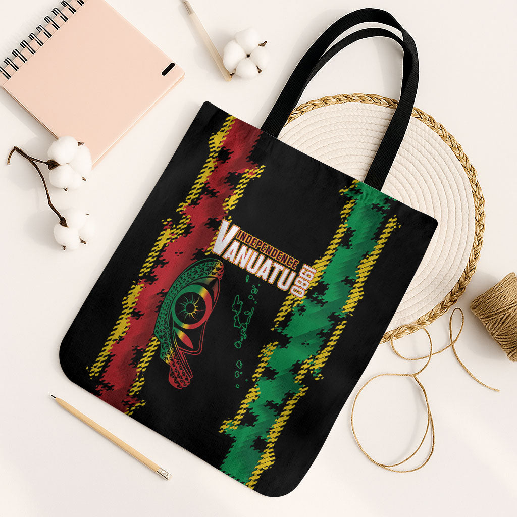 Vanuatu 46th Year Anniversary Tote Bag Tamtam Slit Drums Long God Yumi Stanap LT9 Black Strap One Size Black - Polynesian Pride