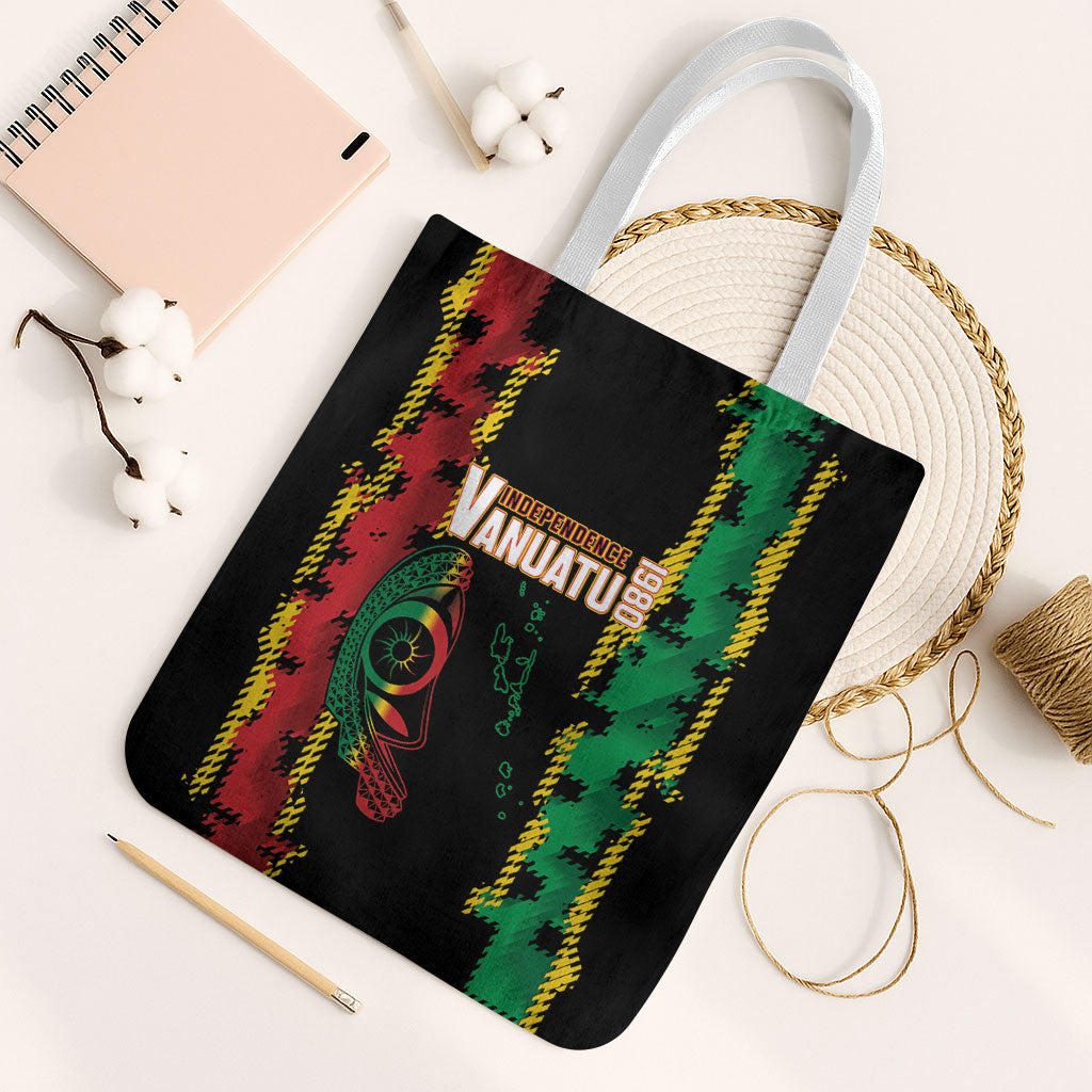 Vanuatu 46th Year Anniversary Tote Bag Tamtam Slit Drums Long God Yumi Stanap LT9 White Strap One Size Black - Polynesian Pride