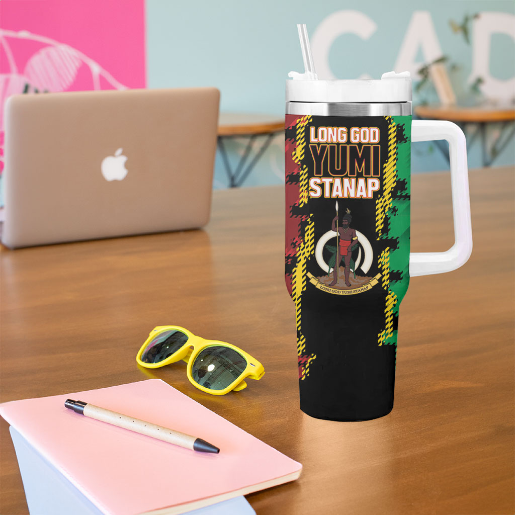 Vanuatu 46th Year Anniversary Tumbler With Handle Tamtam Slit Drums Long God Yumi Stanap LT9 - Polynesian Pride
