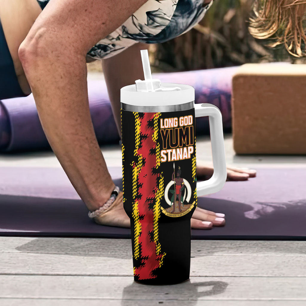 Vanuatu 46th Year Anniversary Tumbler With Handle Tamtam Slit Drums Long God Yumi Stanap LT9 - Polynesian Pride
