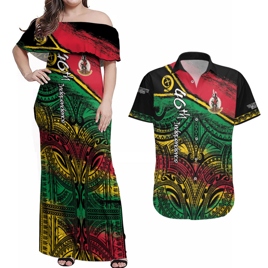 Vanuatu 46th Year Anniversary Couples Matching Off Shoulder Maxi Dress and Hawaiian Shirt Vintage Grunge Vanuatu Flag Heritage LT9 Black - Polynesian Pride