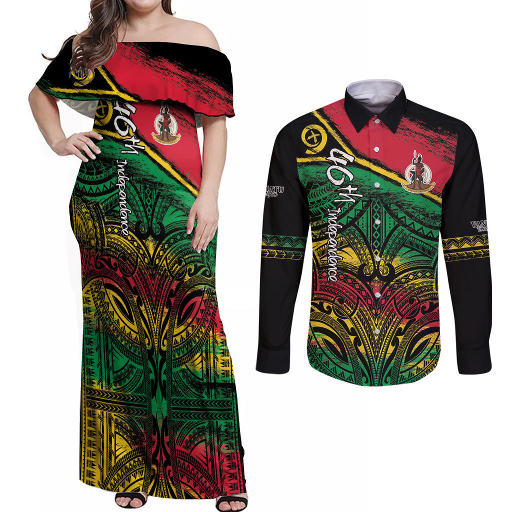 Vanuatu 46th Year Anniversary Couples Matching Off Shoulder Maxi Dress and Long Sleeve Button Shirt Vintage Grunge Vanuatu Flag Heritage LT9 Black - Polynesian Pride