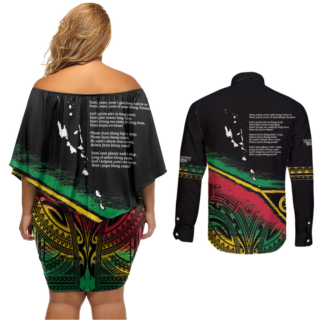 Vanuatu 46th Year Anniversary Couples Matching Off Shoulder Short Dress and Long Sleeve Button Shirt Vintage Grunge Vanuatu Flag Heritage LT9 - Polynesian Pride