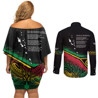 Vanuatu 46th Year Anniversary Couples Matching Off Shoulder Short Dress and Long Sleeve Button Shirt Vintage Grunge Vanuatu Flag Heritage LT9 - Polynesian Pride