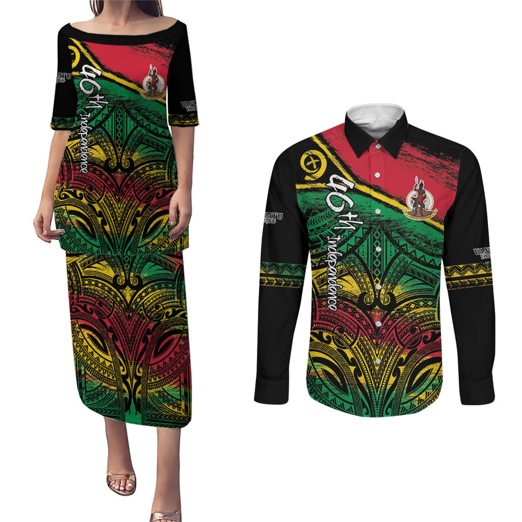 Vanuatu 46th Year Anniversary Couples Matching Puletasi and Long Sleeve Button Shirt Vintage Grunge Vanuatu Flag Heritage LT9 Black - Polynesian Pride
