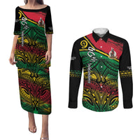 Vanuatu 46th Year Anniversary Couples Matching Puletasi and Long Sleeve Button Shirt Vintage Grunge Vanuatu Flag Heritage LT9 Black - Polynesian Pride