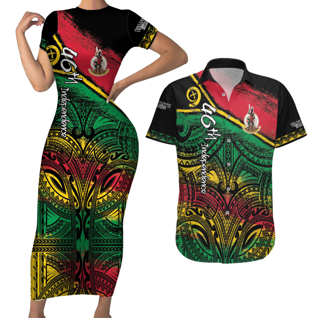 Vanuatu 46th Year Anniversary Couples Matching Short Sleeve Bodycon Dress and Hawaiian Shirt Vintage Grunge Vanuatu Flag Heritage LT9 Black - Polynesian Pride