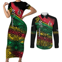 Vanuatu 46th Year Anniversary Couples Matching Short Sleeve Bodycon Dress and Long Sleeve Button Shirt Vintage Grunge Vanuatu Flag Heritage LT9 Black - Polynesian Pride