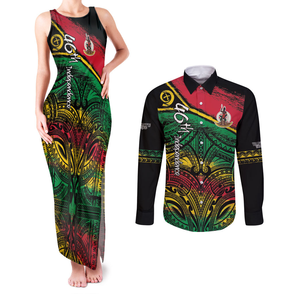 Vanuatu 46th Year Anniversary Couples Matching Tank Maxi Dress and Long Sleeve Button Shirt Vintage Grunge Vanuatu Flag Heritage