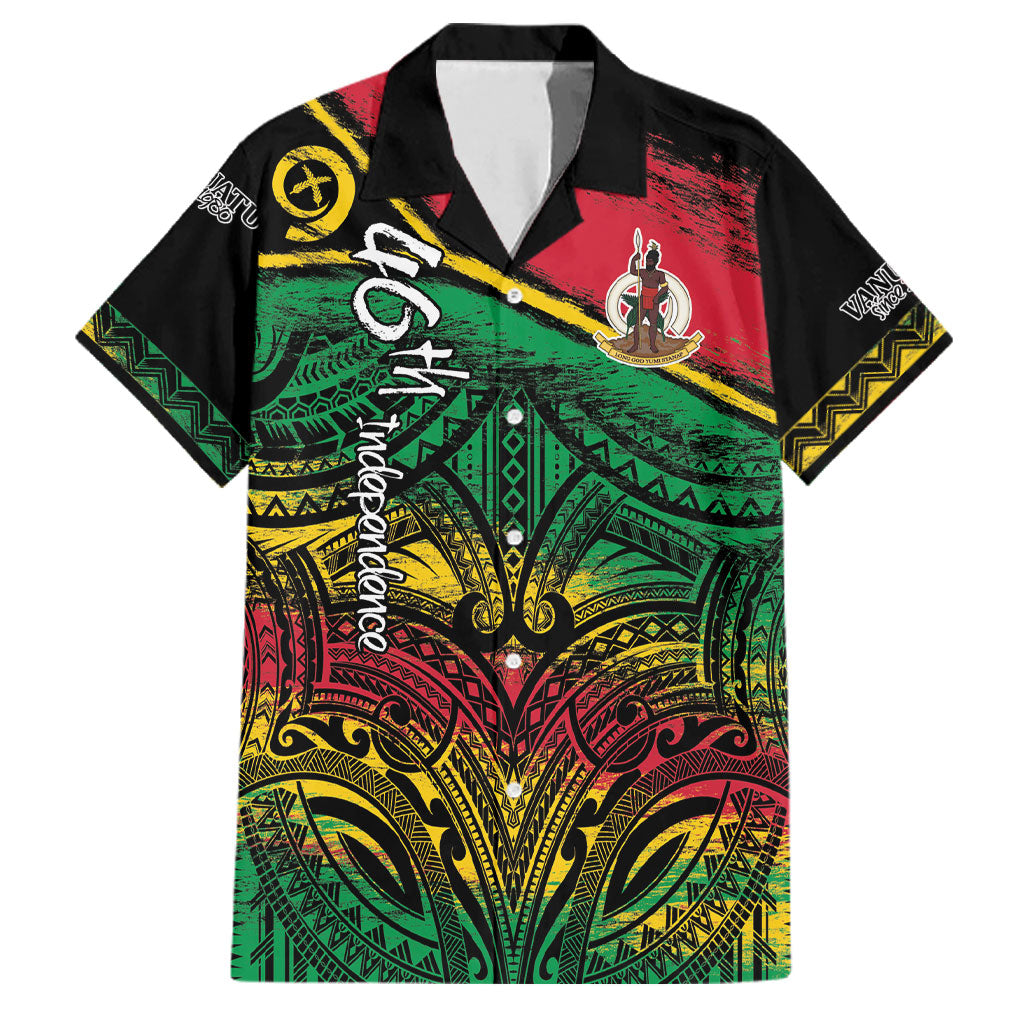 Vanuatu 46th Year Anniversary Family Matching Long Sleeve Bodycon Dress and Hawaiian Shirt Vintage Grunge Vanuatu Flag Heritage LT9 Dad's Shirt - Short Sleeve Black - Polynesian Pride