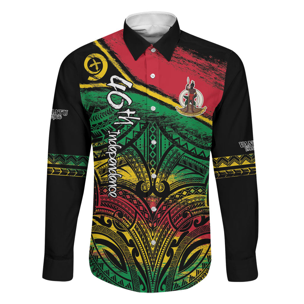 Vanuatu 46th Year Anniversary Family Matching Long Sleeve Bodycon Dress and Hawaiian Shirt Vintage Grunge Vanuatu Flag Heritage LT9 Dad's Shirt - Long Sleeve Black - Polynesian Pride