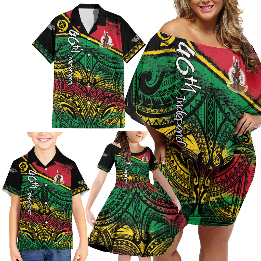 Vanuatu 46th Year Anniversary Family Matching Off Shoulder Short Dress and Hawaiian Shirt Vintage Grunge Vanuatu Flag Heritage