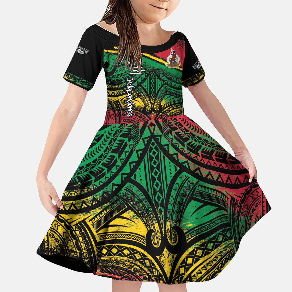 Vanuatu 46th Year Anniversary Family Matching Puletasi and Hawaiian Shirt Vintage Grunge Vanuatu Flag Heritage LT9 Daughter's Dress Black - Polynesian Pride