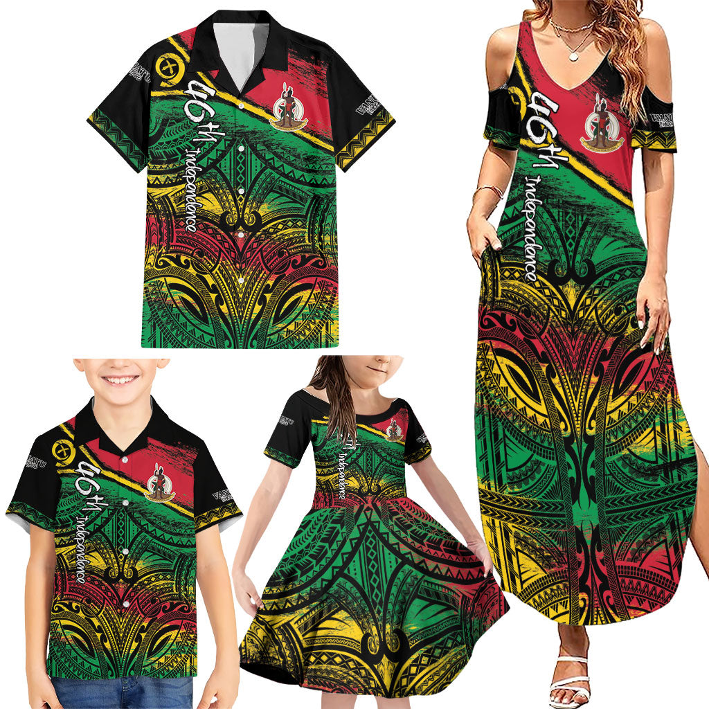 Vanuatu 46th Year Anniversary Family Matching Summer Maxi Dress and Hawaiian Shirt Vintage Grunge Vanuatu Flag Heritage