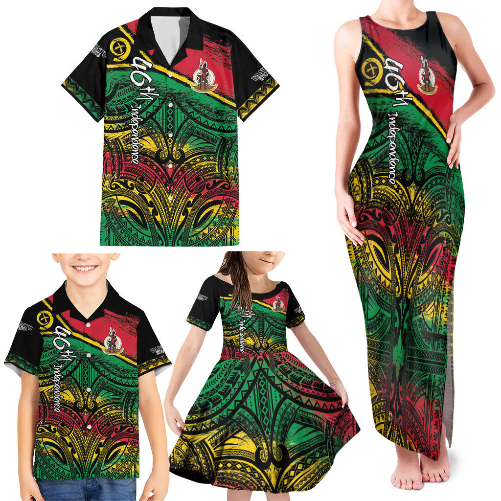 Vanuatu 46th Year Anniversary Family Matching Tank Maxi Dress and Hawaiian Shirt Vintage Grunge Vanuatu Flag Heritage
