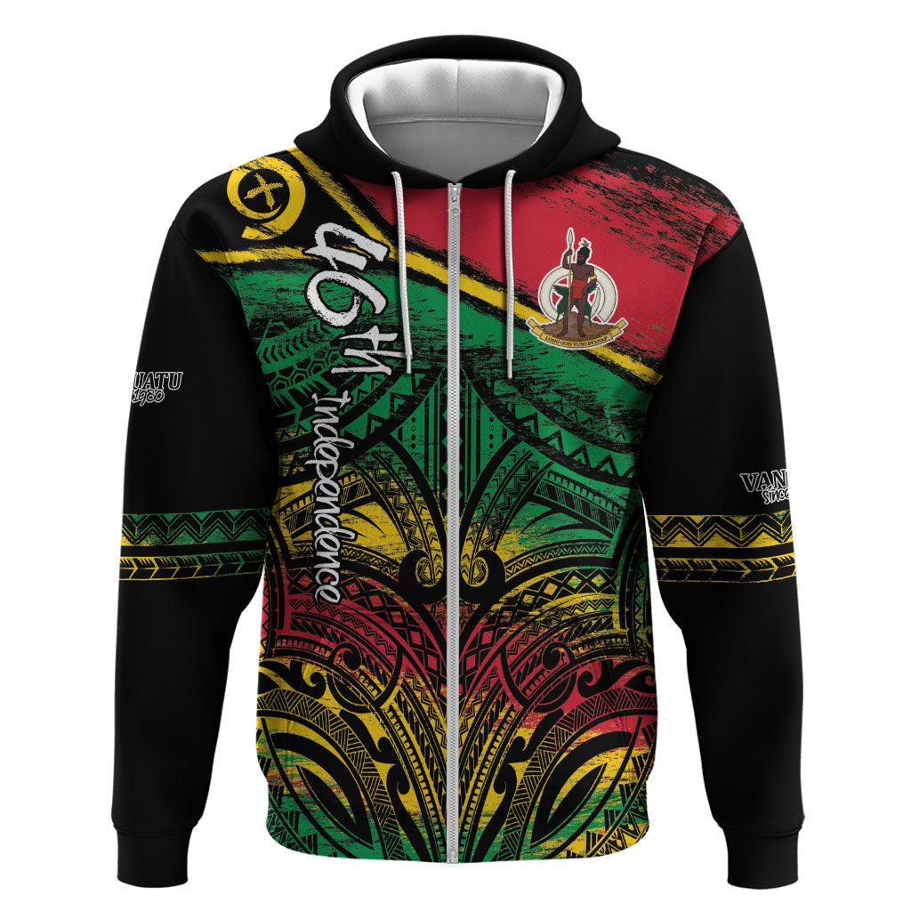 Vanuatu 46th Year Anniversary Hoodie Vintage Grunge Vanuatu Flag Heritage LT9 Zip Hoodie Black - Polynesian Pride