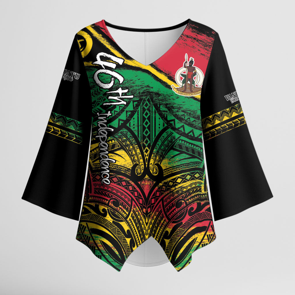 Vanuatu 46th Year Anniversary Kimono Sleeve Blouse Vintage Grunge Vanuatu Flag Heritage LT9 Female Black - Polynesian Pride