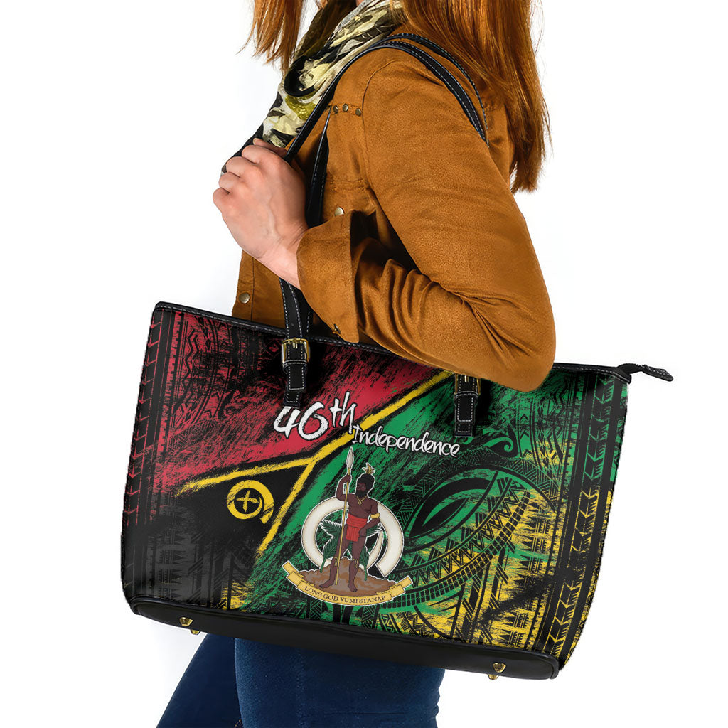 Vanuatu 46th Year Anniversary Leather Tote Bag Vintage Grunge Vanuatu Flag Heritage LT9 Black - Polynesian Pride