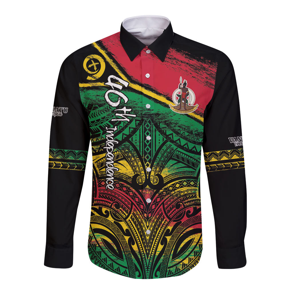 Vanuatu 46th Year Anniversary Long Sleeve Button Shirt Vintage Grunge Vanuatu Flag Heritage LT9 Unisex Black - Polynesian Pride