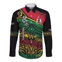 Vanuatu 46th Year Anniversary Long Sleeve Button Shirt Vintage Grunge Vanuatu Flag Heritage LT9 Unisex Black - Polynesian Pride