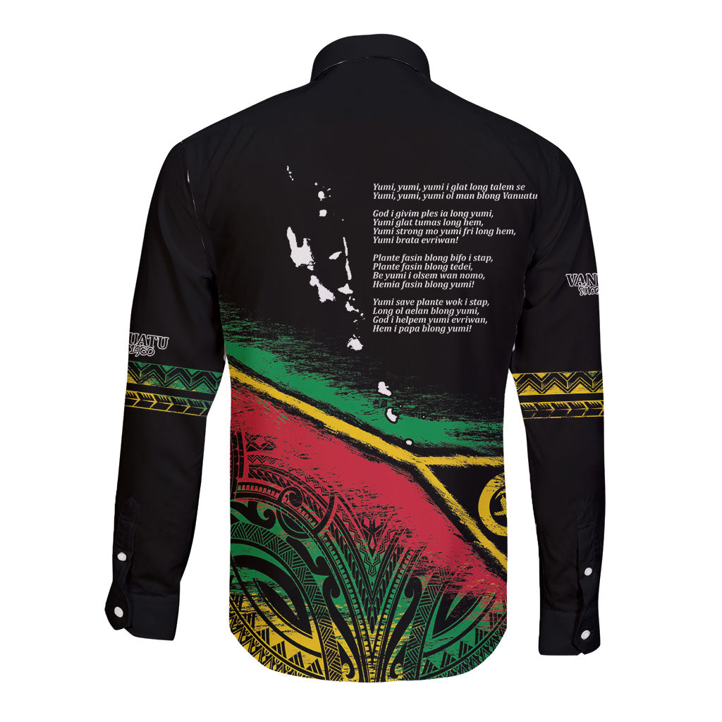 Vanuatu 46th Year Anniversary Long Sleeve Button Shirt Vintage Grunge Vanuatu Flag Heritage LT9 - Polynesian Pride