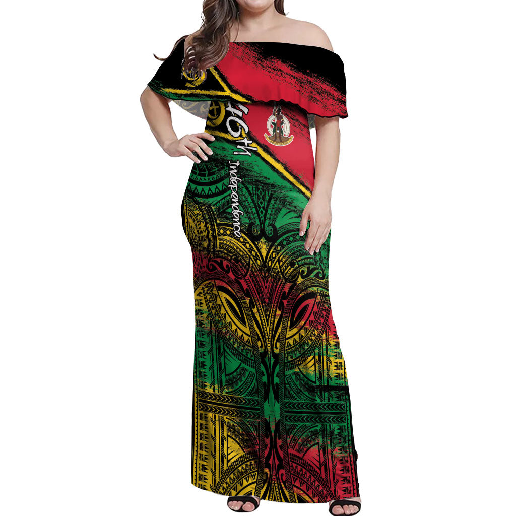 Vanuatu 46th Year Anniversary Off Shoulder Maxi Dress Vintage Grunge Vanuatu Flag Heritage LT9 Women Black - Polynesian Pride