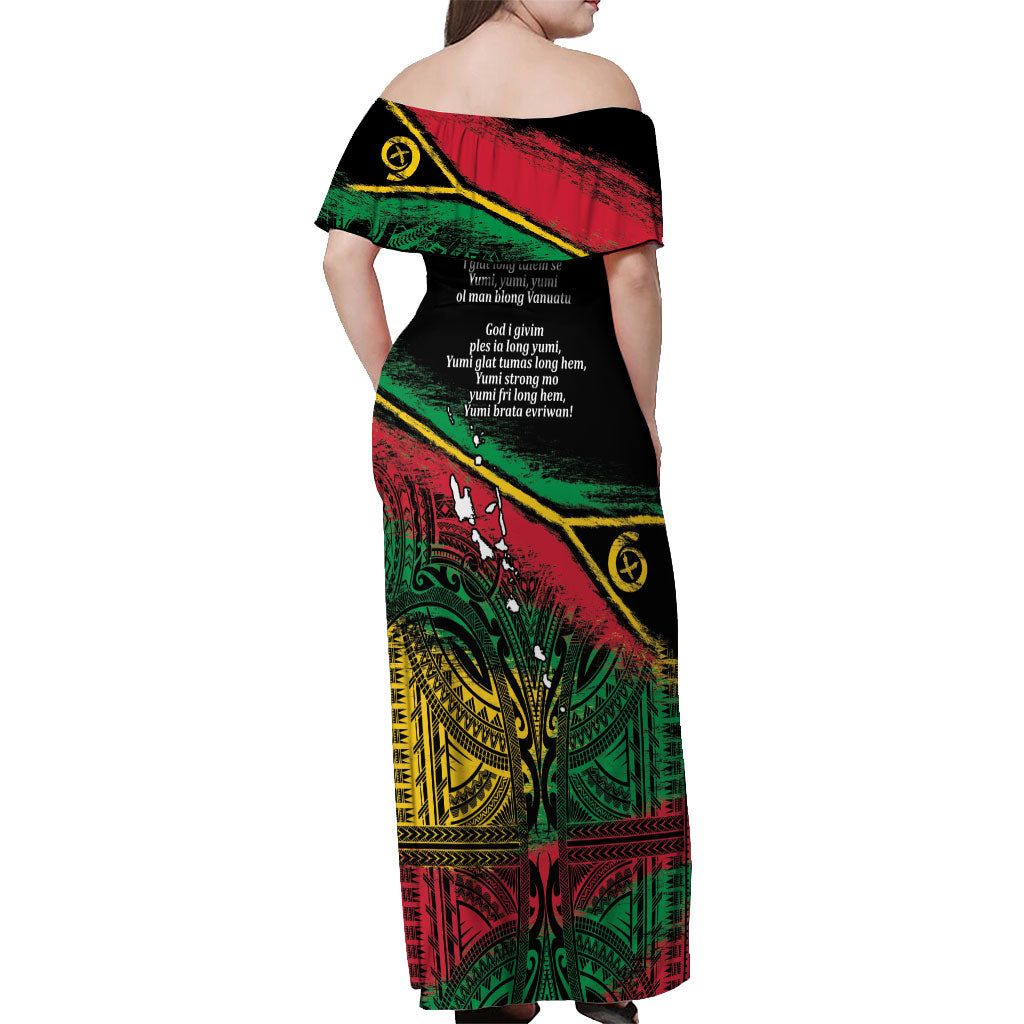 Vanuatu 46th Year Anniversary Off Shoulder Maxi Dress Vintage Grunge Vanuatu Flag Heritage LT9 - Polynesian Pride