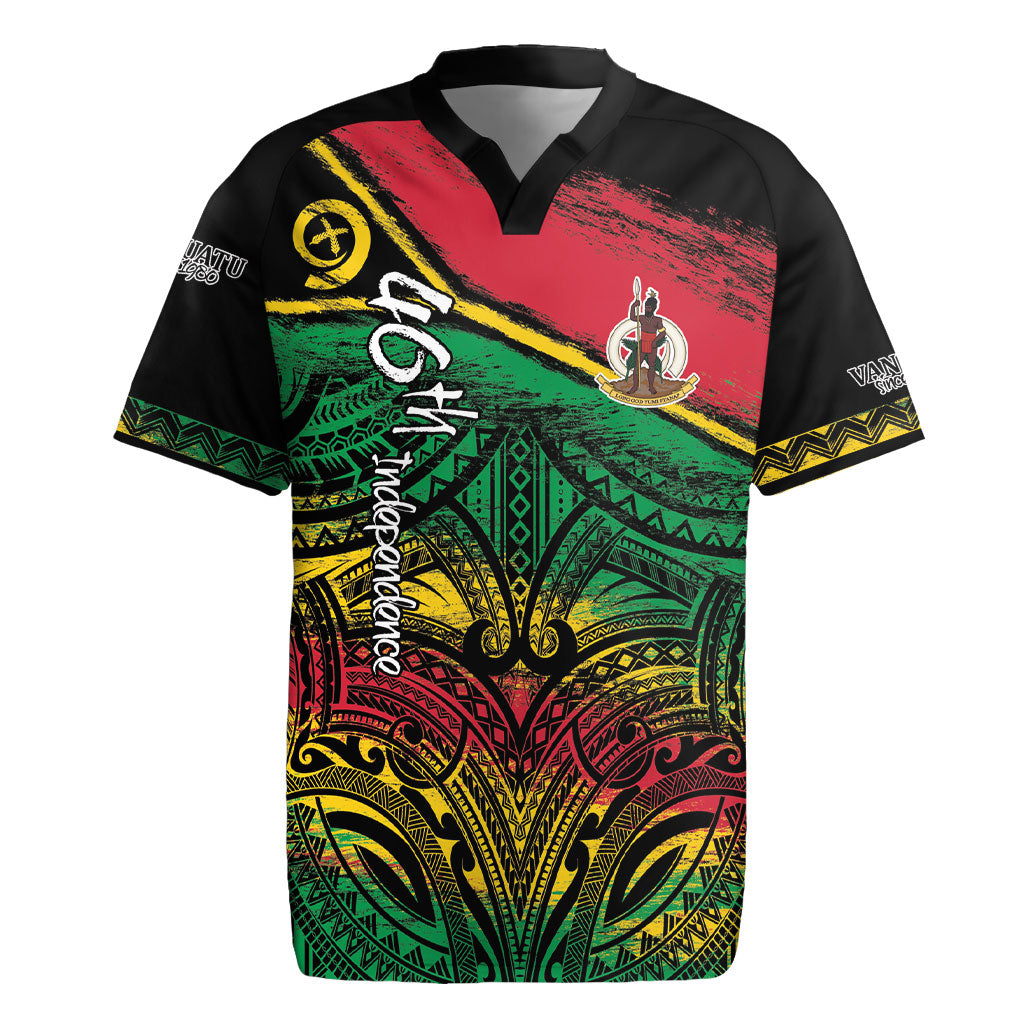 Vanuatu 46th Year Anniversary Rugby Jersey Vintage Grunge Vanuatu Flag Heritage LT9 Black - Polynesian Pride