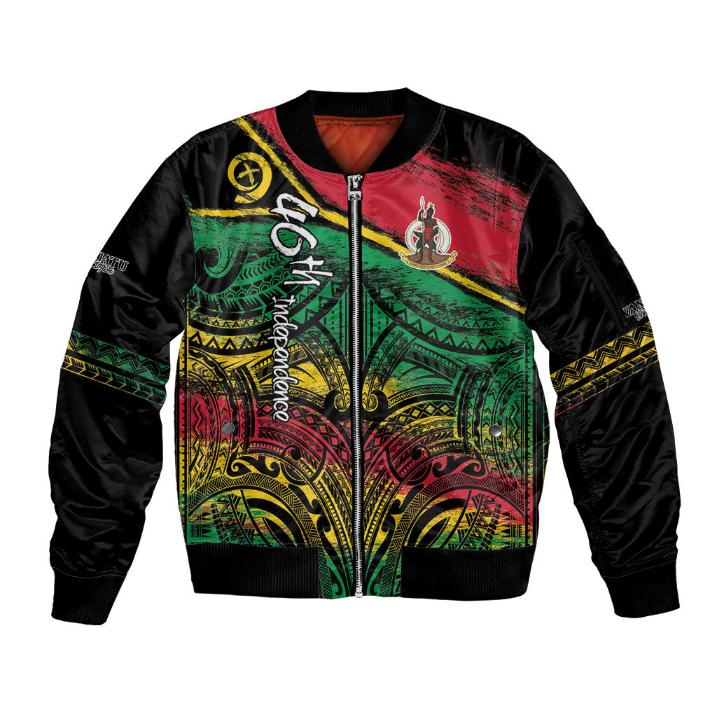 Vanuatu 46th Year Anniversary Sleeve Zip Bomber Jacket Vintage Grunge Vanuatu Flag Heritage LT9 Unisex Black - Polynesian Pride
