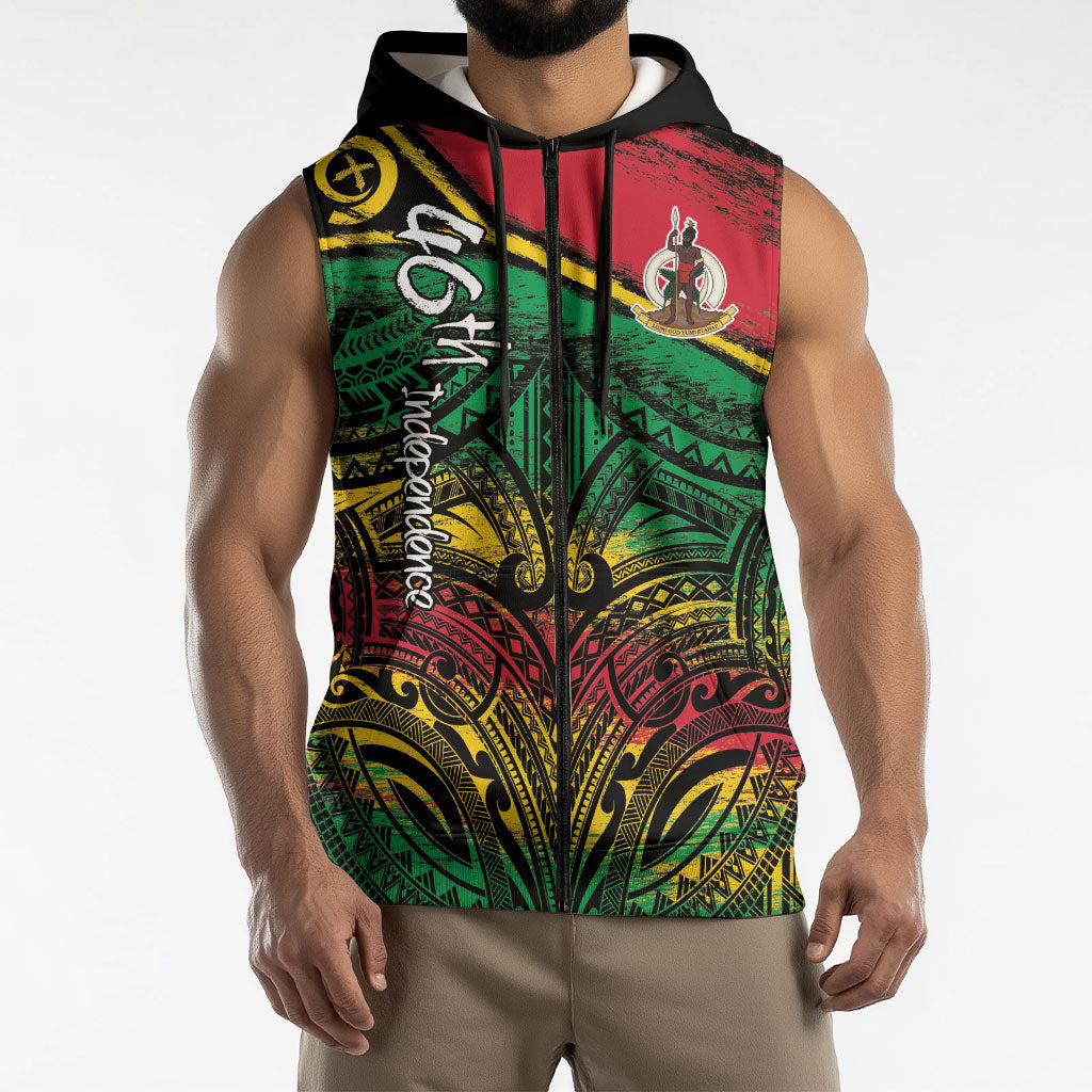 Vanuatu 46th Year Anniversary Sleeveless Zip Hoodie Vintage Grunge Vanuatu Flag Heritage LT9 - Polynesian Pride