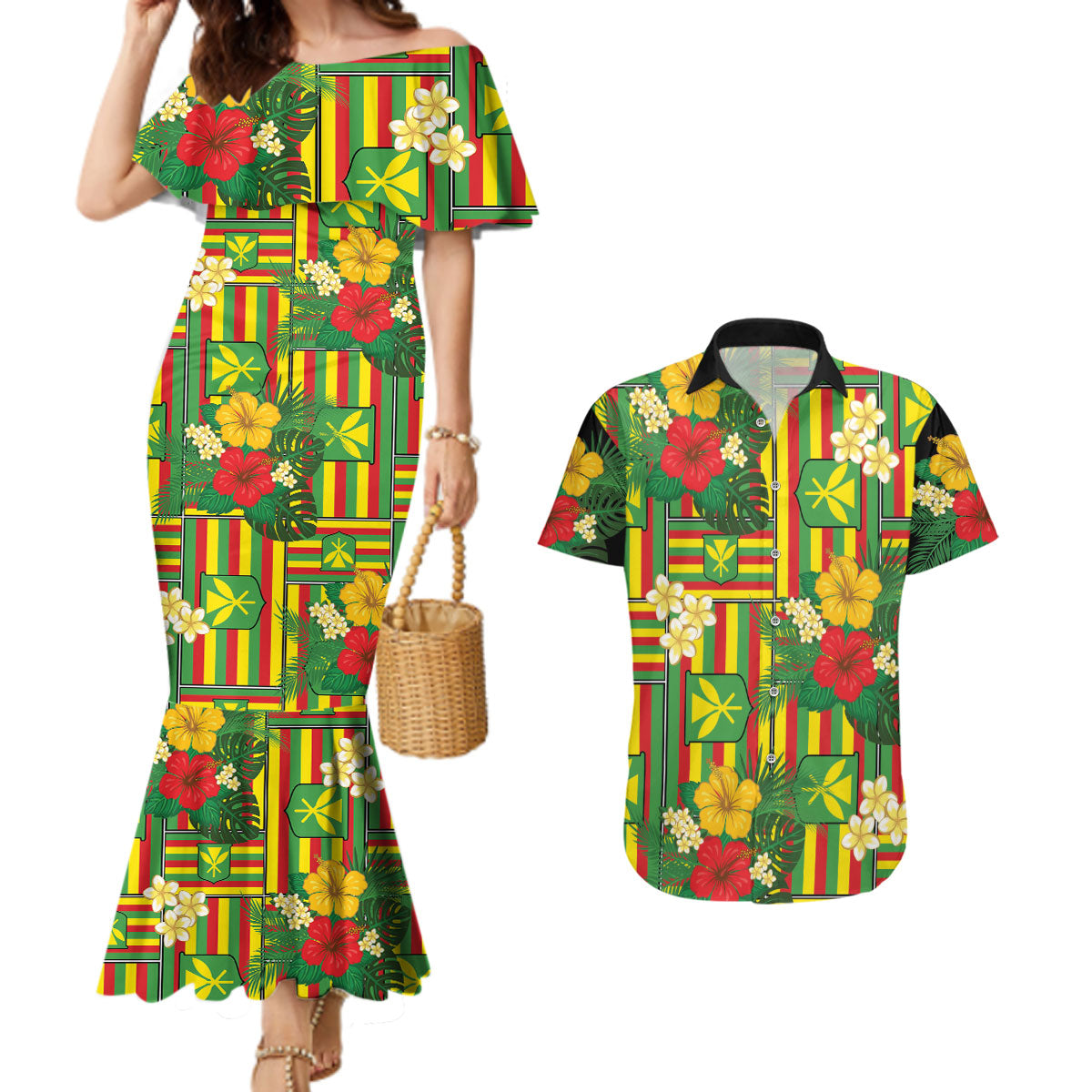 Hawaii Kanaka Maoli Hibiscus Couples Matching Mermaid Dress and Hawaiian Shirt Hawaiian Flag Motif