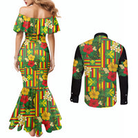 Hawaii Kanaka Maoli Hibiscus Couples Matching Mermaid Dress and Long Sleeve Button Shirt Hawaiian Flag Motif