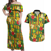 Hawaii Kanaka Maoli Hibiscus Couples Matching Off Shoulder Maxi Dress and Hawaiian Shirt Hawaiian Flag Motif