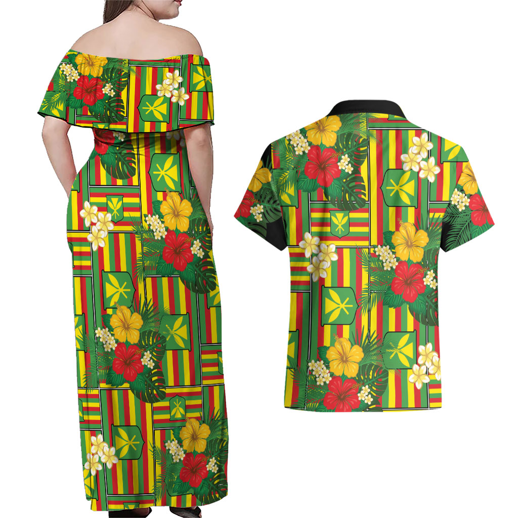 Hawaii Kanaka Maoli Hibiscus Couples Matching Off Shoulder Maxi Dress and Hawaiian Shirt Hawaiian Flag Motif