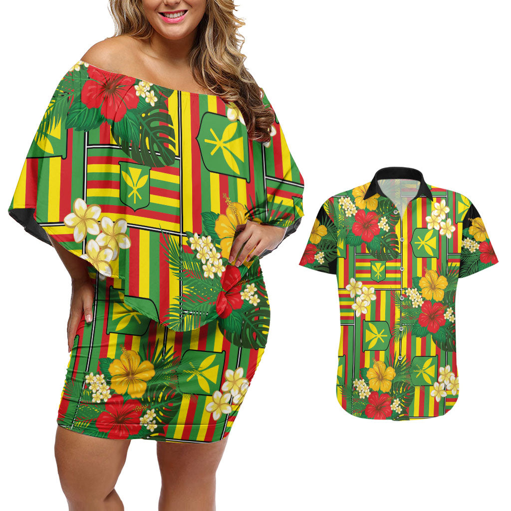 Hawaii Kanaka Maoli Hibiscus Couples Matching Off Shoulder Short Dress and Hawaiian Shirt Hawaiian Flag Motif