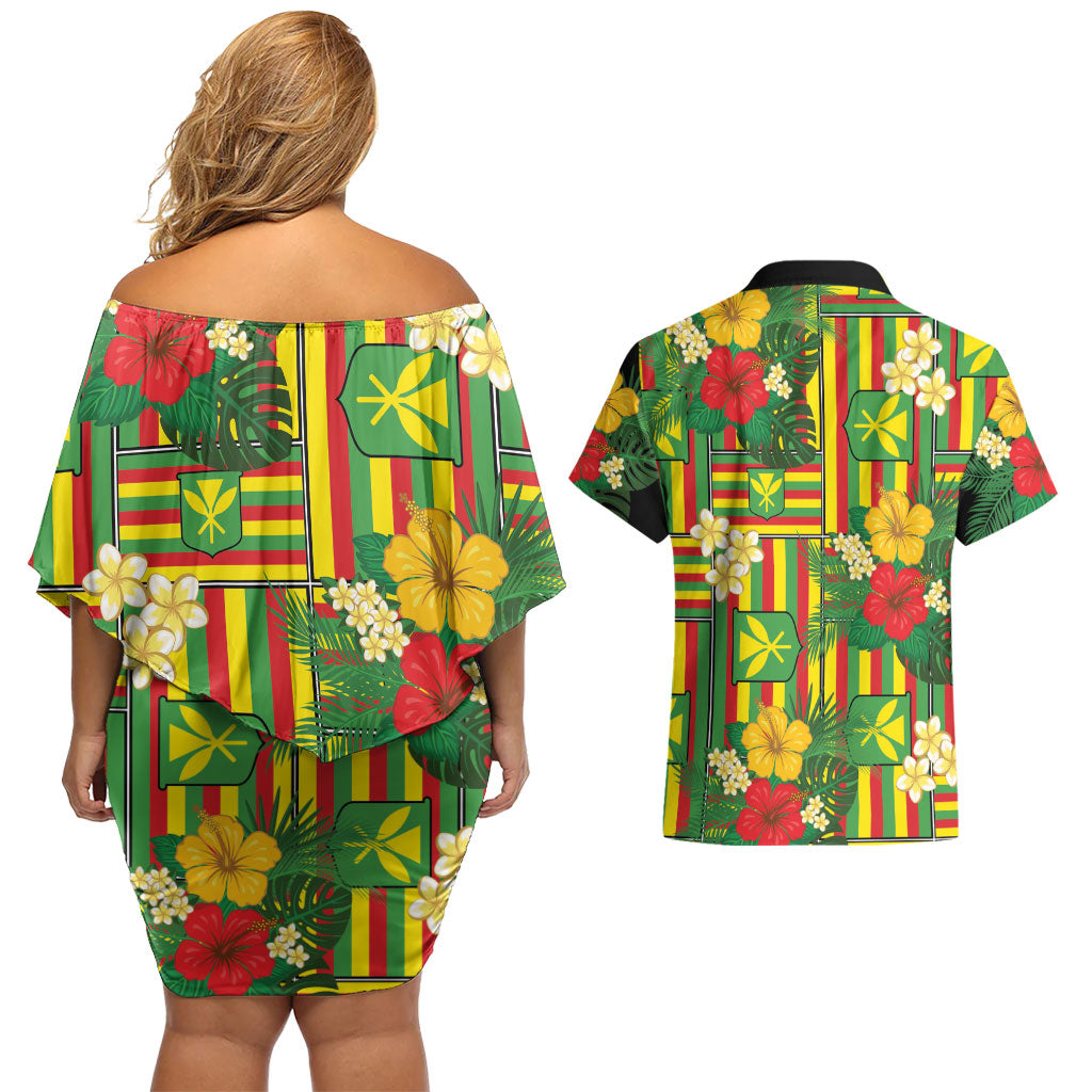 Hawaii Kanaka Maoli Hibiscus Couples Matching Off Shoulder Short Dress and Hawaiian Shirt Hawaiian Flag Motif
