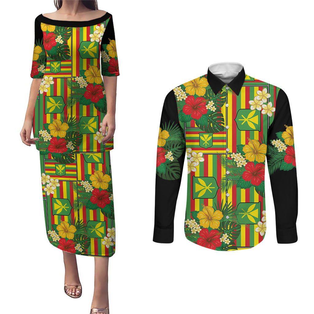 Hawaii Kanaka Maoli Hibiscus Couples Matching Puletasi and Long Sleeve Button Shirt Hawaiian Flag Motif