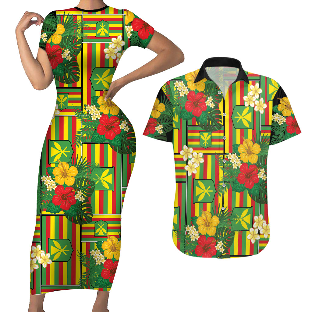 Hawaii Kanaka Maoli Hibiscus Couples Matching Short Sleeve Bodycon Dress and Hawaiian Shirt Hawaiian Flag Motif