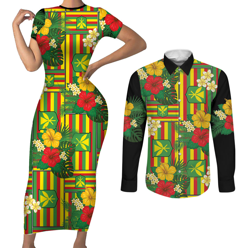 Hawaii Kanaka Maoli Hibiscus Couples Matching Short Sleeve Bodycon Dress and Long Sleeve Button Shirt Hawaiian Flag Motif