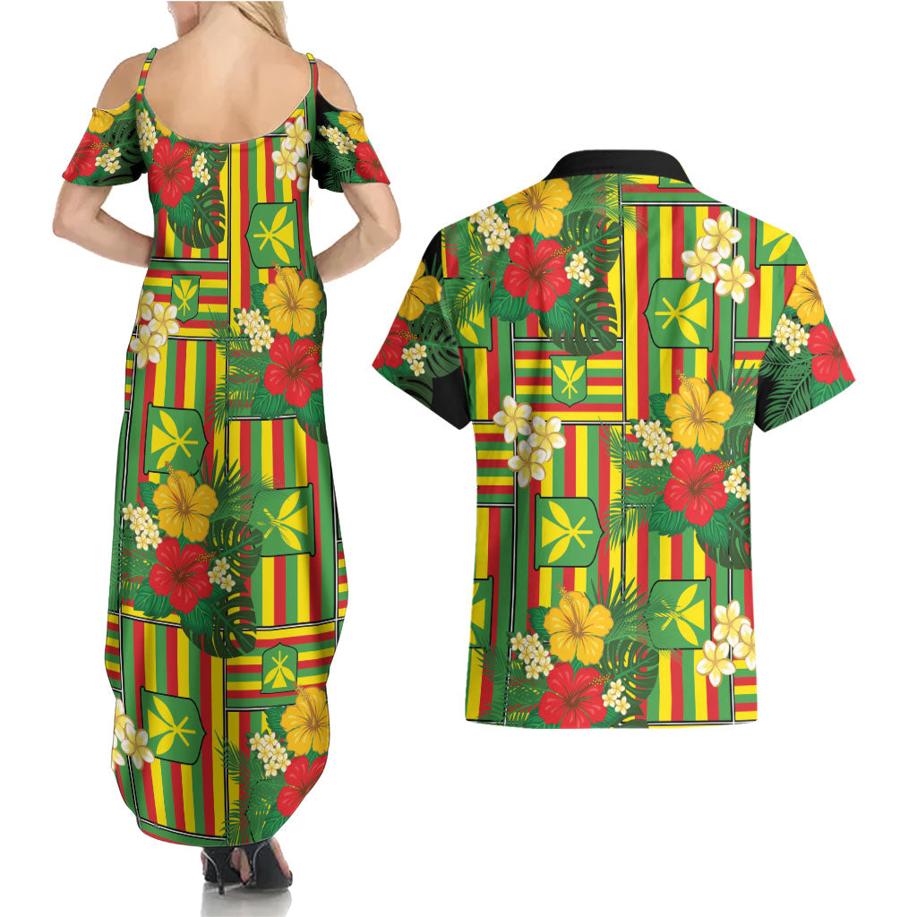 Hawaii Kanaka Maoli Hibiscus Couples Matching Summer Maxi Dress and Hawaiian Shirt Hawaiian Flag Motif
