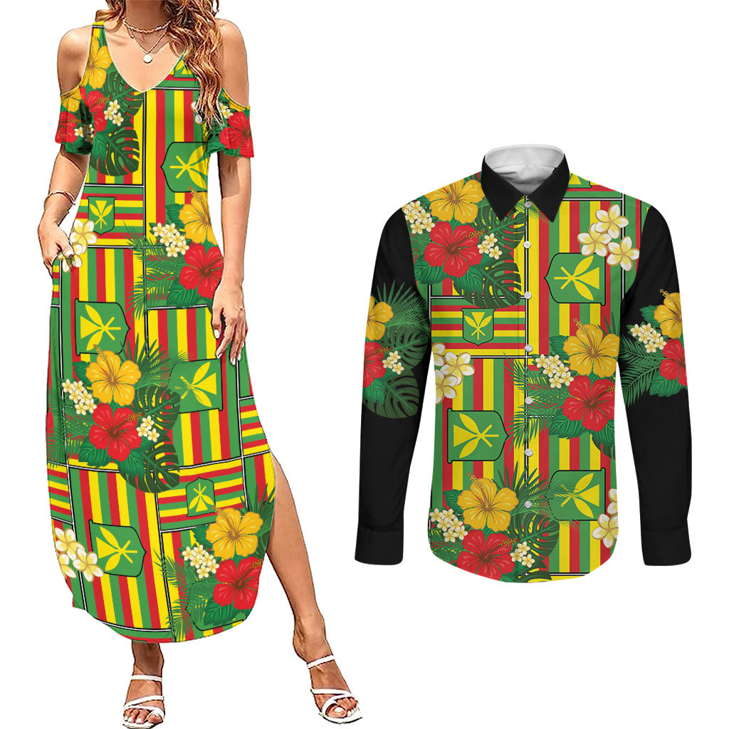 Hawaii Kanaka Maoli Hibiscus Couples Matching Summer Maxi Dress and Long Sleeve Button Shirt Hawaiian Flag Motif