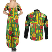 Hawaii Kanaka Maoli Hibiscus Couples Matching Summer Maxi Dress and Long Sleeve Button Shirt Hawaiian Flag Motif