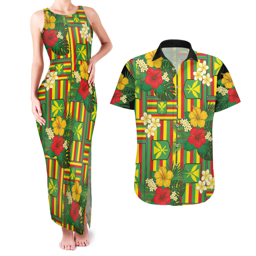 Hawaii Kanaka Maoli Hibiscus Couples Matching Tank Maxi Dress and Hawaiian Shirt Hawaiian Flag Motif