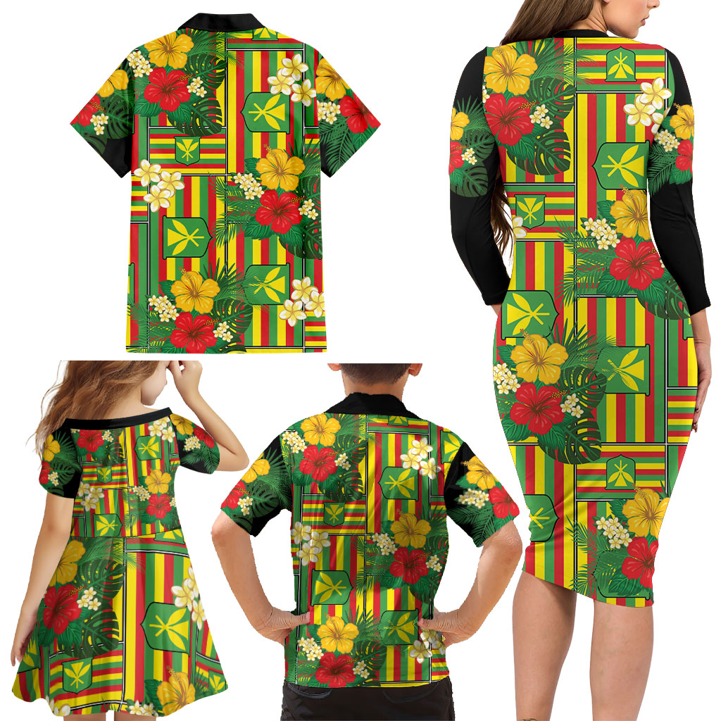 Hawaii Kanaka Maoli Hibiscus Family Matching Long Sleeve Bodycon Dress and Hawaiian Shirt Hawaiian Flag Motif