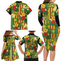 Hawaii Kanaka Maoli Hibiscus Family Matching Long Sleeve Bodycon Dress and Hawaiian Shirt Hawaiian Flag Motif