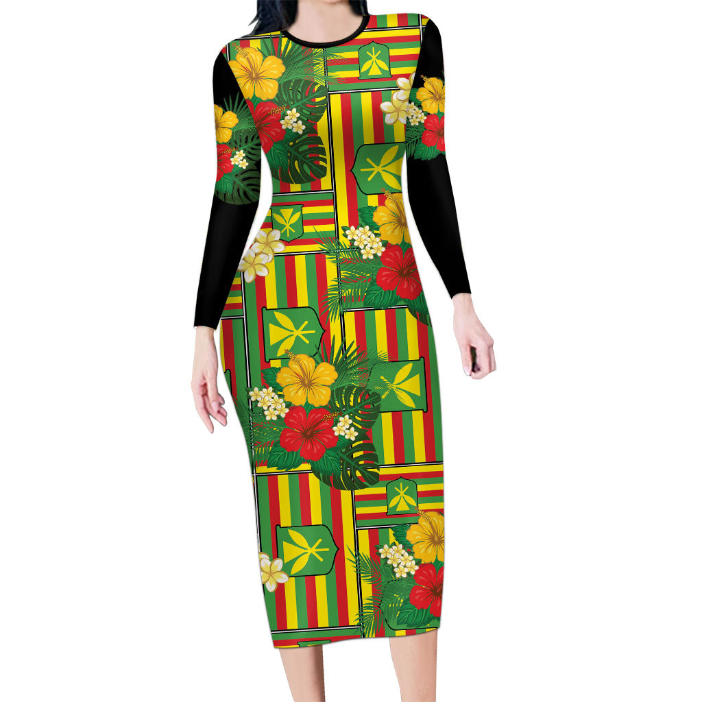Hawaii Kanaka Maoli Hibiscus Family Matching Long Sleeve Bodycon Dress and Hawaiian Shirt Hawaiian Flag Motif