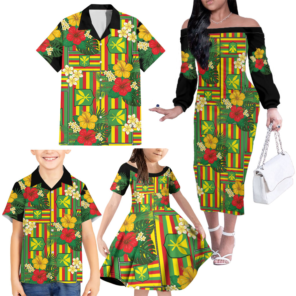 Hawaii Kanaka Maoli Hibiscus Family Matching Off The Shoulder Long Sleeve Dress and Hawaiian Shirt Hawaiian Flag Motif