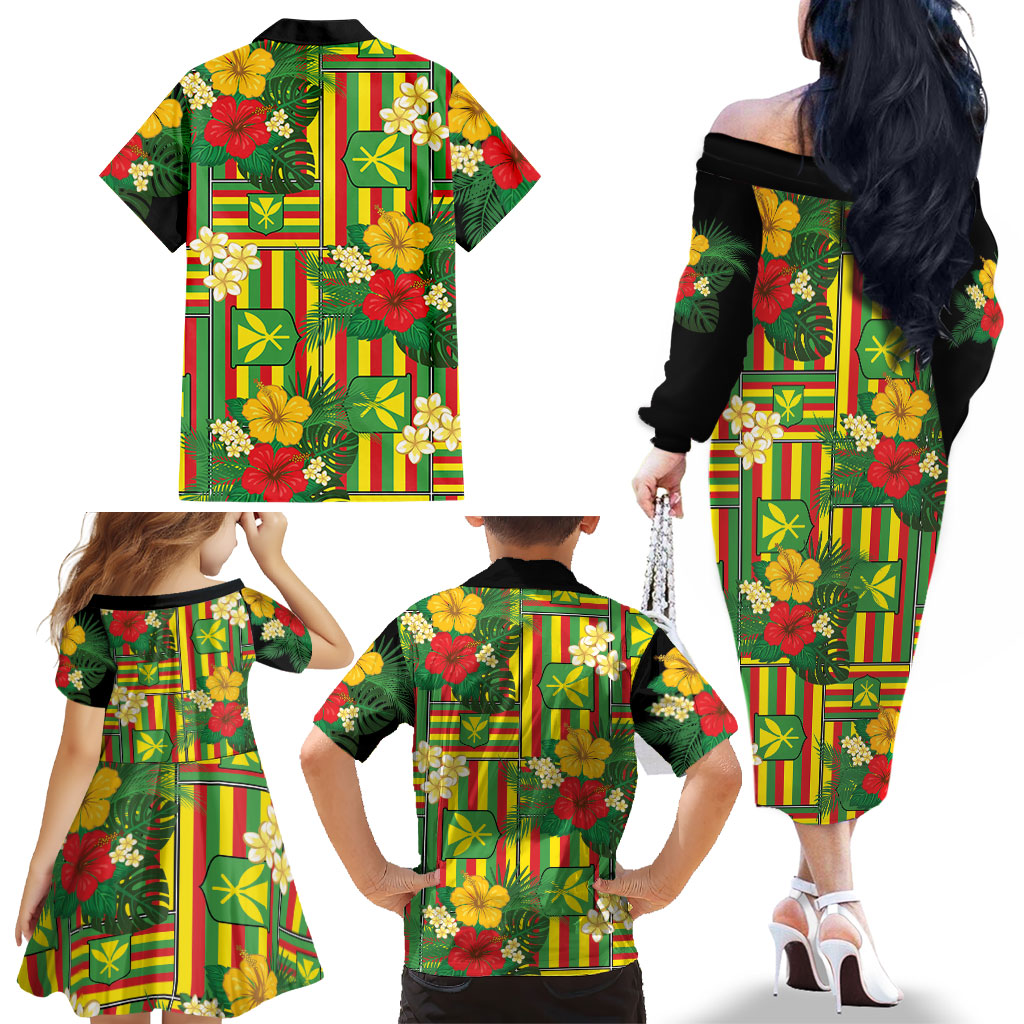 Hawaii Kanaka Maoli Hibiscus Family Matching Off The Shoulder Long Sleeve Dress and Hawaiian Shirt Hawaiian Flag Motif