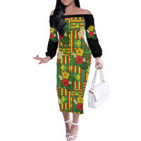 Hawaii Kanaka Maoli Hibiscus Family Matching Off The Shoulder Long Sleeve Dress and Hawaiian Shirt Hawaiian Flag Motif