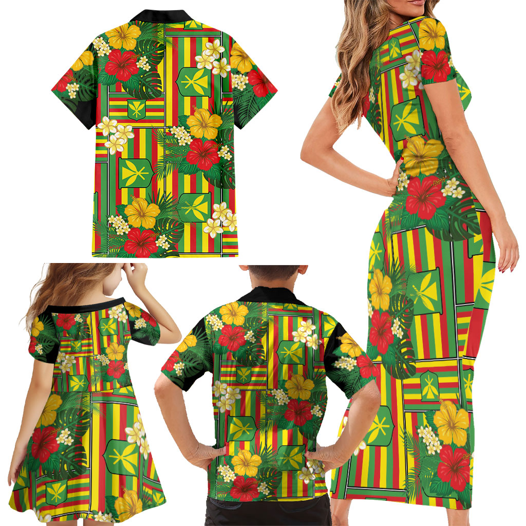 Hawaii Kanaka Maoli Hibiscus Family Matching Short Sleeve Bodycon Dress and Hawaiian Shirt Hawaiian Flag Motif
